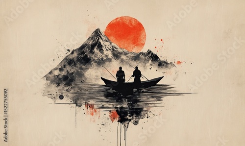 Japan is renowned for its traditional sumi-e painting, an Indian ink illustration depicting a man and boat set against a mountain landscape during sunset and dusk, characteristic of Japanese pictures