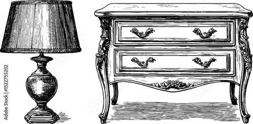 Art nouveau vanity and table lamp engraved illustration set for antique furniture design