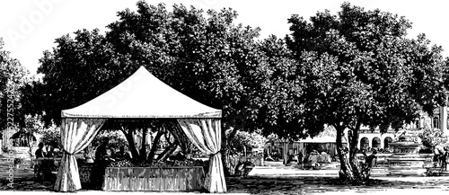 Engraved illustration of artist market square scene with trees and tent