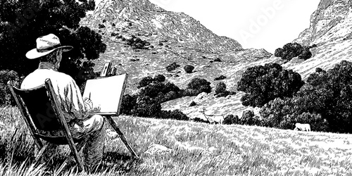 Serenely capturing nature: artist painting majestic mountains in tranquil landscape illustration
