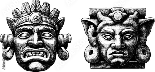 Engraved illustration of aztec deity huitzilopochtli art set for cultural and historical design