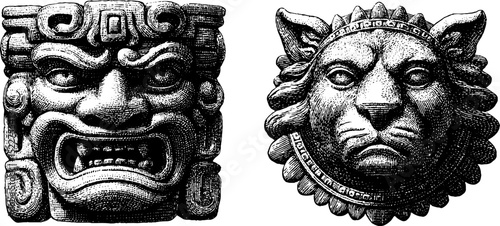Engraved illustrations of aztec deity huitzilopochtli and mythical symbols for cultural design