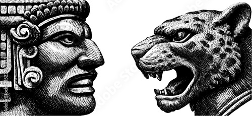 Aztec god quetzalcoatl and jaguar engraved illustration set for cultural design