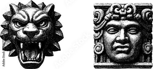 Aztec god huitzilopochtli engraved illustration set for cultural and historical design