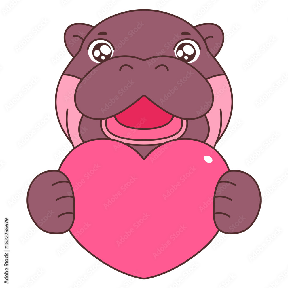 Pygmy Hippo with Heart Cartoon Character Hand Drawn Illustration Pygmy Hippo with Heart Cartoon Character Hand Drawn Illustration
