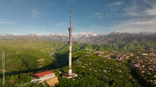 Aerial Panorama of Almaty city with TV tower in Kazakhstan