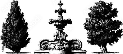 Elegant baroque ornamental fountain and trees engraving for classic design