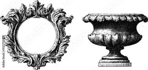 Intricate baroque ornate mirror and vase illustration for decorative design