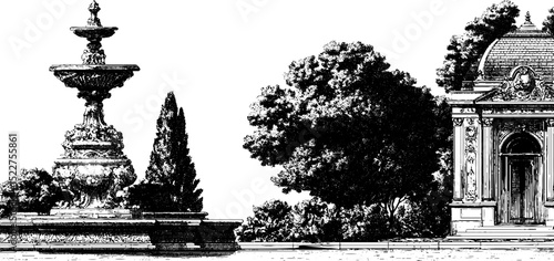 Baroque palace architecture and garden elements with engraved details for design