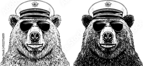 Engraved illustration of bear with aviator sunglasses and captain hat - design for apparel and posters