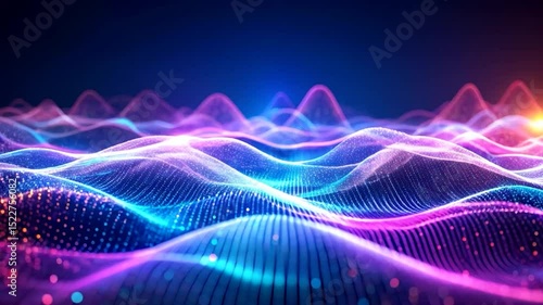 Abstract Soundwave: A mesmerizing visualization of sound waves, rendered in a symphony of vibrant neon hues, creates an abstract landscape of sonic energy. Dynamic patterns undulate.