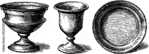 Engraved illustrations of bronze age goblet and plate for historical design projects