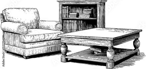 Engraved illustration of brutalist coffee table and armchair for interior design concepts