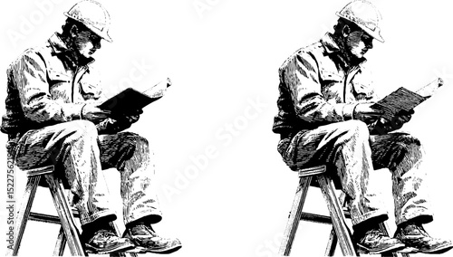 Engraved illustration of construction worker reading on ladder - classic design for art and print