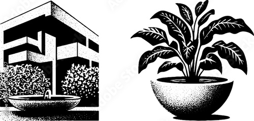 Brutalist architecture and botanical design engraving set for artistic inspiration