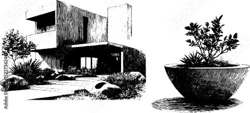Brutalist concrete house and succulent planter engraved illustration set