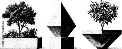 Engraved illustration set of brutalist concrete planters with geometric and botanical elements