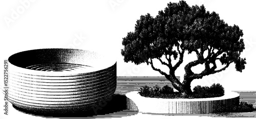 Engraved brutalist concrete planter and tree illustration for architectural design