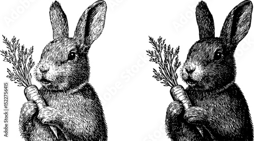 Engraved bunny illustration set with carrot for easter celebration and vintage design