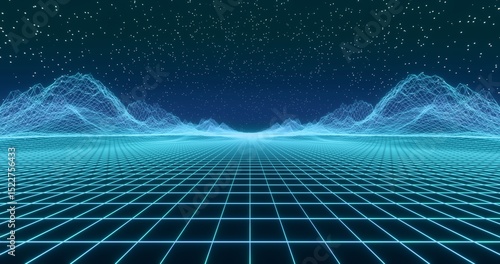 Futuristic glowing neon wireframe background. Shining grid horizon and mountain in perspective. Bright retro digital cyberspace against night starry sky. 3D rendering.