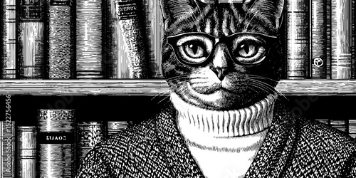 Engraved illustration of cat librarian with glasses and books for design and inspiration