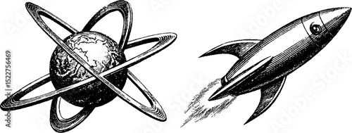 Vintage celestial mechanics with rocket and planet engraving for educational design