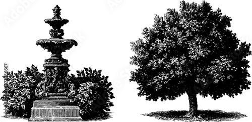 Intricate chippendale ornate fountain and lush tree engraved art design