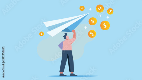 A person throwing a paper airplane with coins floating around on a light blue colored background