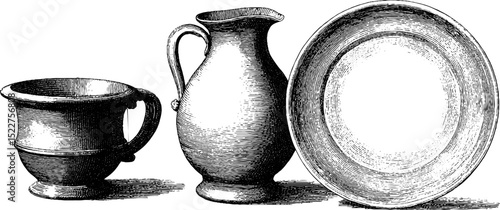 Engraved colonial pewter mug and plate illustration for historical design