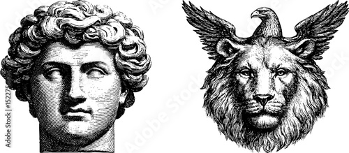 Colonial revival classics: engraved illustrations of lion with eagle and classical sculpture