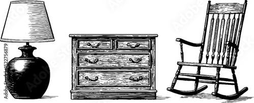 Colonial revival furniture set with engraved rocking chair, lamp, and dresser