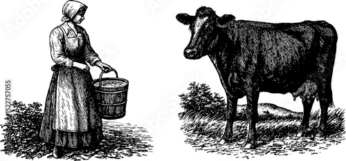 Vintage engraving of milkmaid with cow depicting traditional farming scene