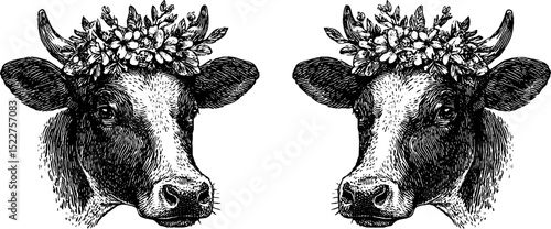 Vintage engraved cow illustrations with flower crowns for rustic farmhouse decor