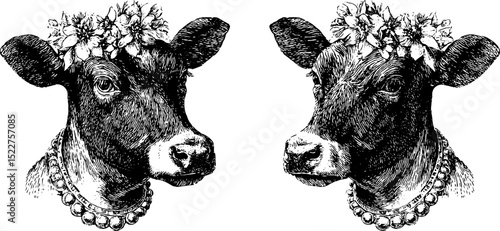 Engraved cow portraits with flower crowns - rustic art for decor and design