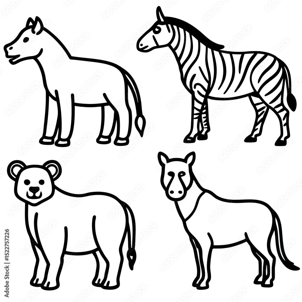 A set of wild and farm animal vector silhouettes including horse, dog, zebra, wolf, fox, elephant, giraffe, bear, and tiger illustrations isolated in black and white A set of wild and farm animal vector silhouettes including horse, dog, zebra, wolf, fox, elephant, giraffe, bear, and tiger illustrations isolated in black and white