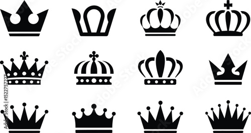Various crown icons in black style isolated on transparent background