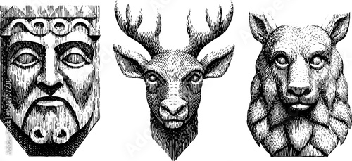 Intricate engraved illustration set featuring craftsman wooden busts of deer and lion