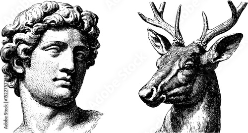 Engraved illustration of craftsman wooden busts and deer head sculpture