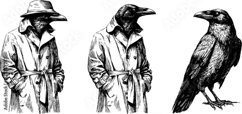 Engraved illustration of crows in trench coats for unique design concepts