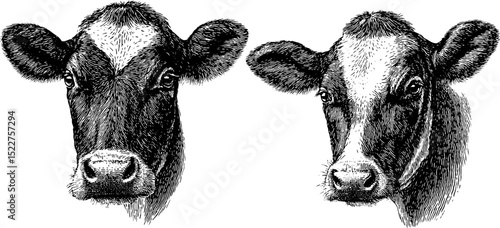 Set of engraved illustrations of cute cow faces for design and print