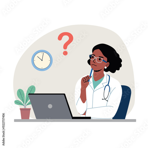 Thinking medic woman with question mark before the laptop. Flat style cartoon vector illustration.