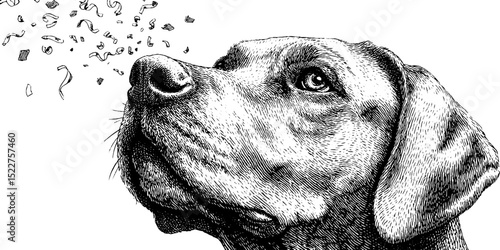 Engraved illustration of dog with party whistle elements for festive design