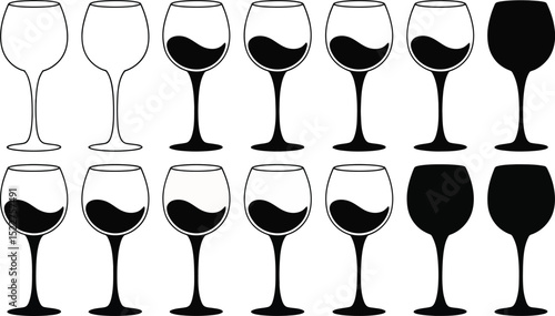Wine glass icon set with different fill levels and styles in silhouette and outline

