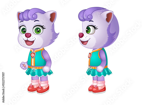 Vector illustration of cute 2-angle purple cat girl character wearing school clothes. Cute, fluffy.