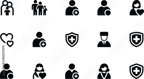 Healthcare and medical family icon set including doctors, patients, and protection

