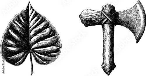 Engraved illustration set featuring elven leaf and axe for fantasy designs