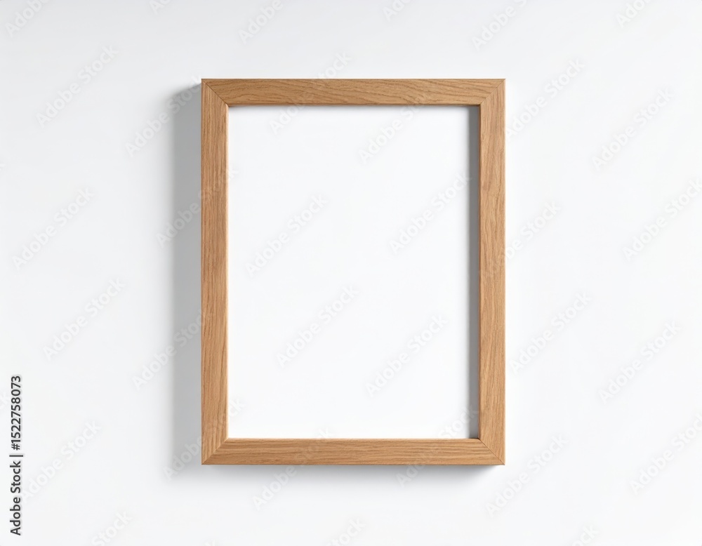 Minimalist oak frame on a white wall casting a soft shadow perfect for artwork display Minimalist oak frame on a white wall casting a soft shadow perfect for artwork display