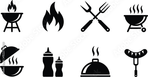 Barbecue grill fire food cooking tools and icons set isolated on transparent background

