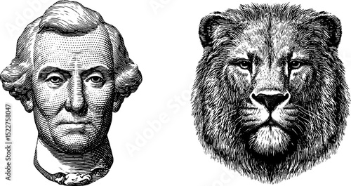 Engraved illustration set featuring classical bust and majestic lion for vintage design