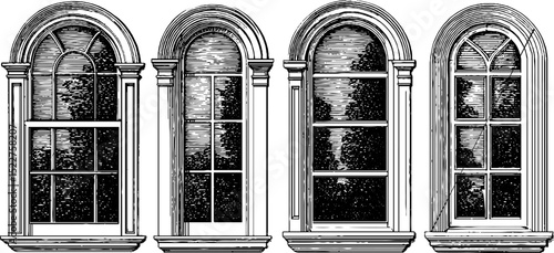 Engraved illustration set of federal style windows for architectural design and historical study